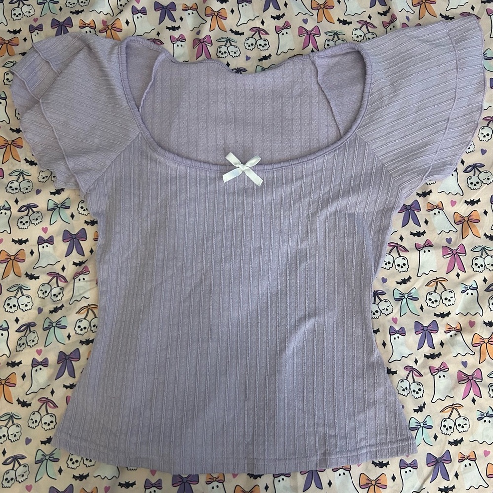SHEIN Light Purple Ribbed Blouse with Bow Detail